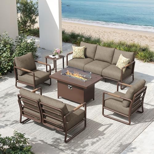 MAISON BACKYARDS Outdoor Aluminum Patio Furniture Set, 7-Seats Patio Conversation Sofa Set with Oversized Fire Pit Table w/Glass Wind Guard, All Weather for Balcony, Garden-Brown