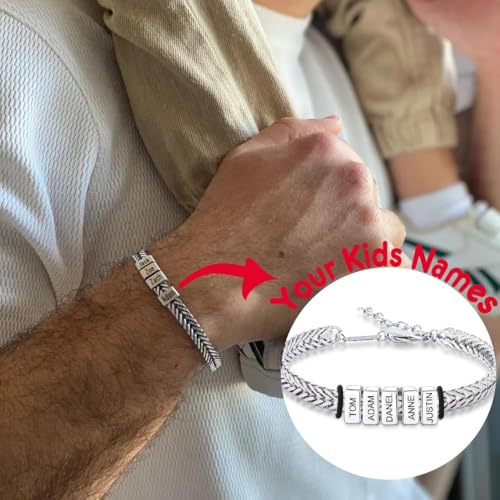 Personalized Mens Bracelet with 1-8 Custom Beads,Customized Stainless Steel Bracelet Adjustable Franco Chain Bracelet Birthday Gifts for Husband Boyfriend (01-Bracelet with 1-8 Kids Name)4