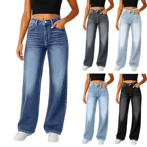 Women’s Wide Leg Jeans High Waisted Baggy Boyfriend Jeans with Elastic Waist Stretchy Straight Leg Denim Pants