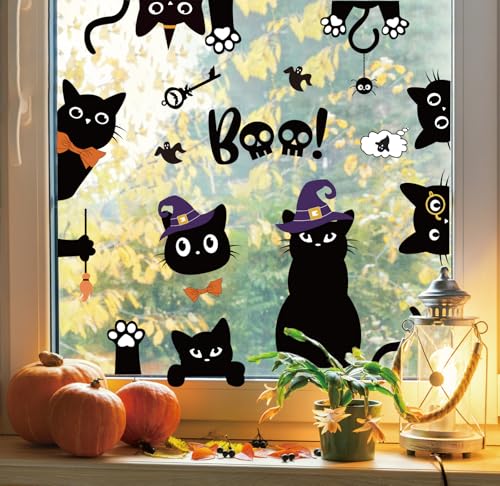 JarThenaAMCS Halloween Window Clings Black Cat Window Sticker Double-Sided Boo Window Decal for Glass Mirror Decor, 4 Sheet