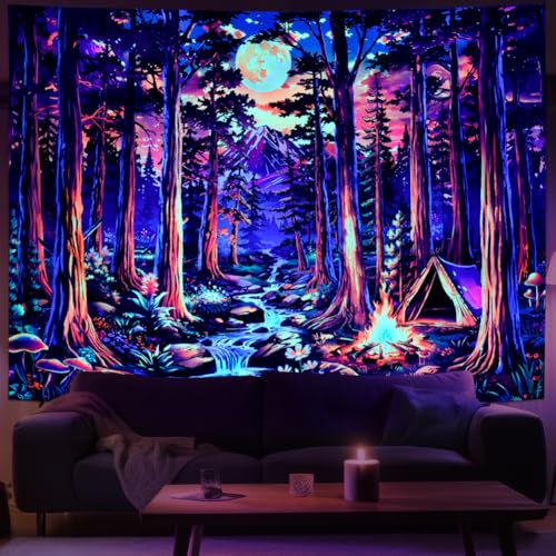 Racunbula Blacklight Fantasy Forest Tapestry UV Reactive Galaxy Space Moon Tapestry Trippy Pine Trees Wall Tapestries Nature Landscape Mountain River Tapestries Wall Hanging for Bedroom
