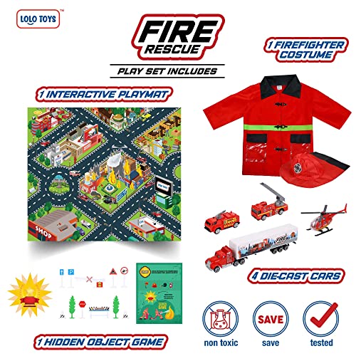 Lolo Toys Firefighter Play Set - 20-Piece Kids Toy Fire Truck & Costume With Road Mat, Diecast Vehicles, Hat & Search Game #TOP1