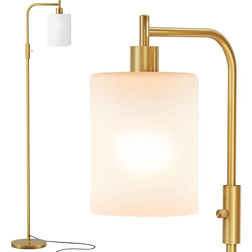 SUNMORY Industrial Floor Lamps for Living Room, Modern Floor Lamp with 3-Color Temperature LED Bulb, Tall Standing Lamp with White Frosted Hanging Glass Shade, Farmhouse Gold Floor Lamp for Bedroom