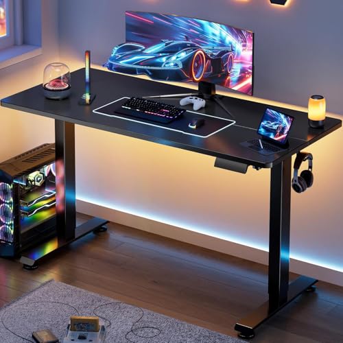Image of Veken 55 Inch, Height Adjustable Sit Stand Up, Wood Desktop, Work Home Office Computer PC Table, Tall Standup Workstation, Gaming Writing Study Bedroom Rising Desks, Black