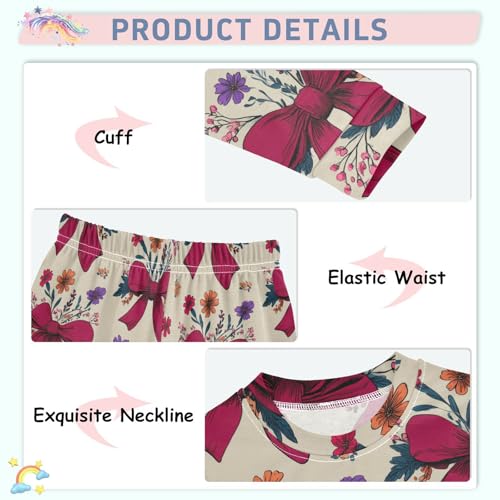 Pajama Sets Long Sleeve Floral Bow Pattern Print Soft Comfy Sleepwear 2 Piece PJS 3-8T4