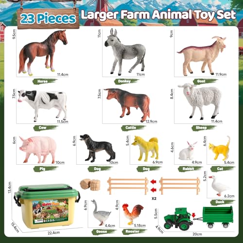 KNASON Bauernhof Spielzeug,23 Stück Bauernhoftiere Set mit Realistischen Tiere Figuren,Traktor Spielzeug und Zaun Montieren,Pädagogische Bauernhof Spielsets Geschenk für Kinder Kleinkind ab 3 Jahre