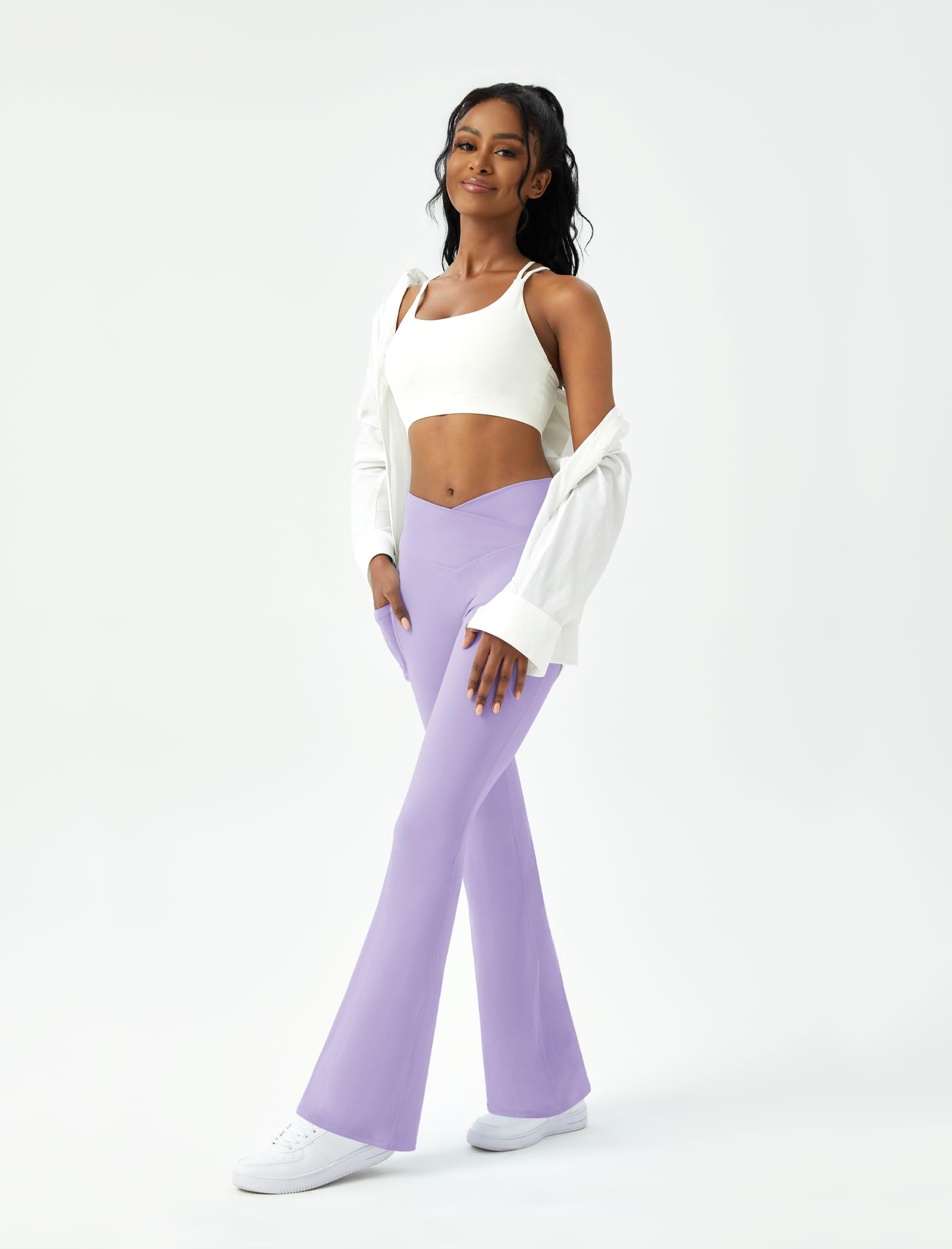 Womens Flare Yoga Pants with Pockets Crossover Flared Leggings Bootcut Bell Bottom No Front Seam: Purple Large