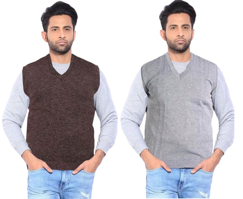 Latest Men's Regular Fit Sleeveless Soft Pure Wool Winter Wear Solid Print V-Neck Designer Casual Sweater Pack of 2