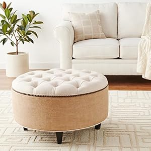Tuftedroundottoman30linenandburlap  Urban Country Home Decor Tufted round ottoman 30 linen and burlap  urban country home decor