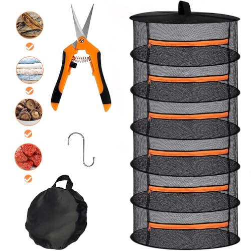Cerkkapo Filet de séchage d'herbes avec des Ciseaux, 6 Couches 60cm de diamètrede séchoir Pliant de Suspension avec Fermetures à glissière pour légumes, Plantes, vêtements