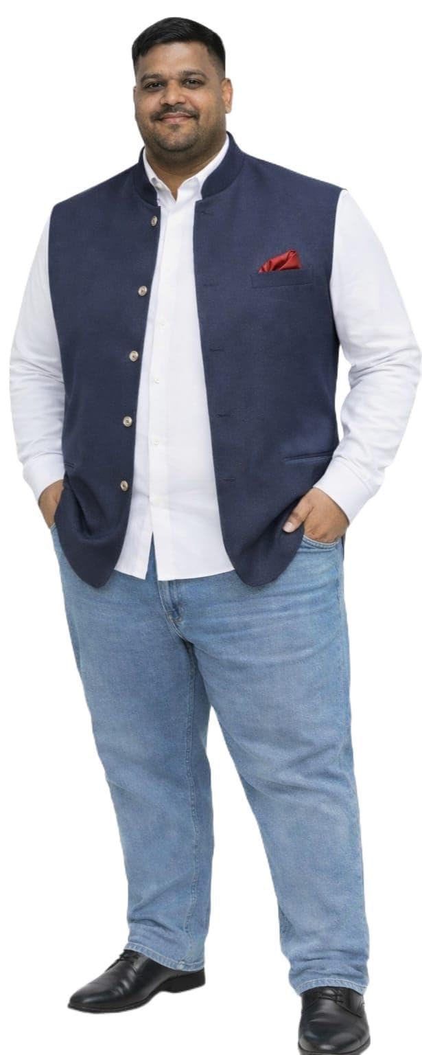 ifox lifestyle Plus Size Men's Navy Blue Nehru Jacket, Silk Blend Traditional Ethnic Waistcoat for Wedding Party-picture-17