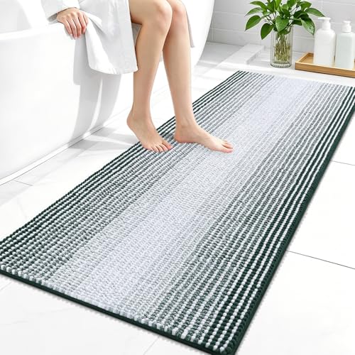 Image of OLANLY Bathroom Runner Rugs 47x24, Extra Soft Absorbent Chenille Striped Bath Rugs, Rubber Backing, Machine Wash Dry, Long Bath Mats for Bathroom, Tub, Shower, Home Decor Accessories, Blackish Green