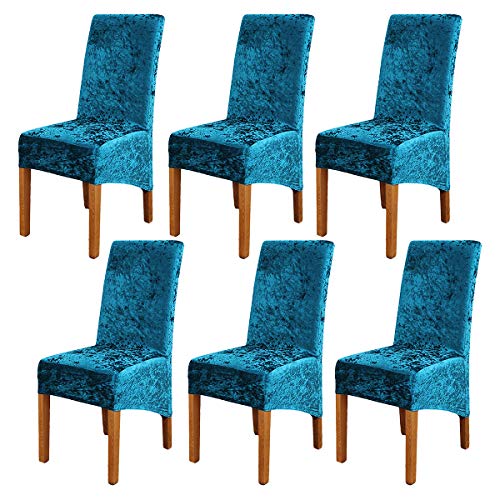 Crushed Velvet Large Size Dining Chair Covers Set of 6,Dining Room Chair Slipcovers,Stretch Elastic Removable Washable High Back Chair Covers for Dining Room,Hotel,Kitchen,Home(Teal,Pack of 6)