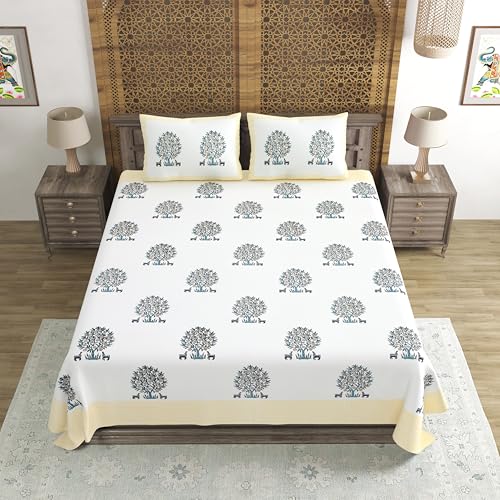 Image of BLOCKS OF INDIA Hand Block Printed 300 TC Cotton Super King Size Bedsheet(106 x 106) (Life Yellow)