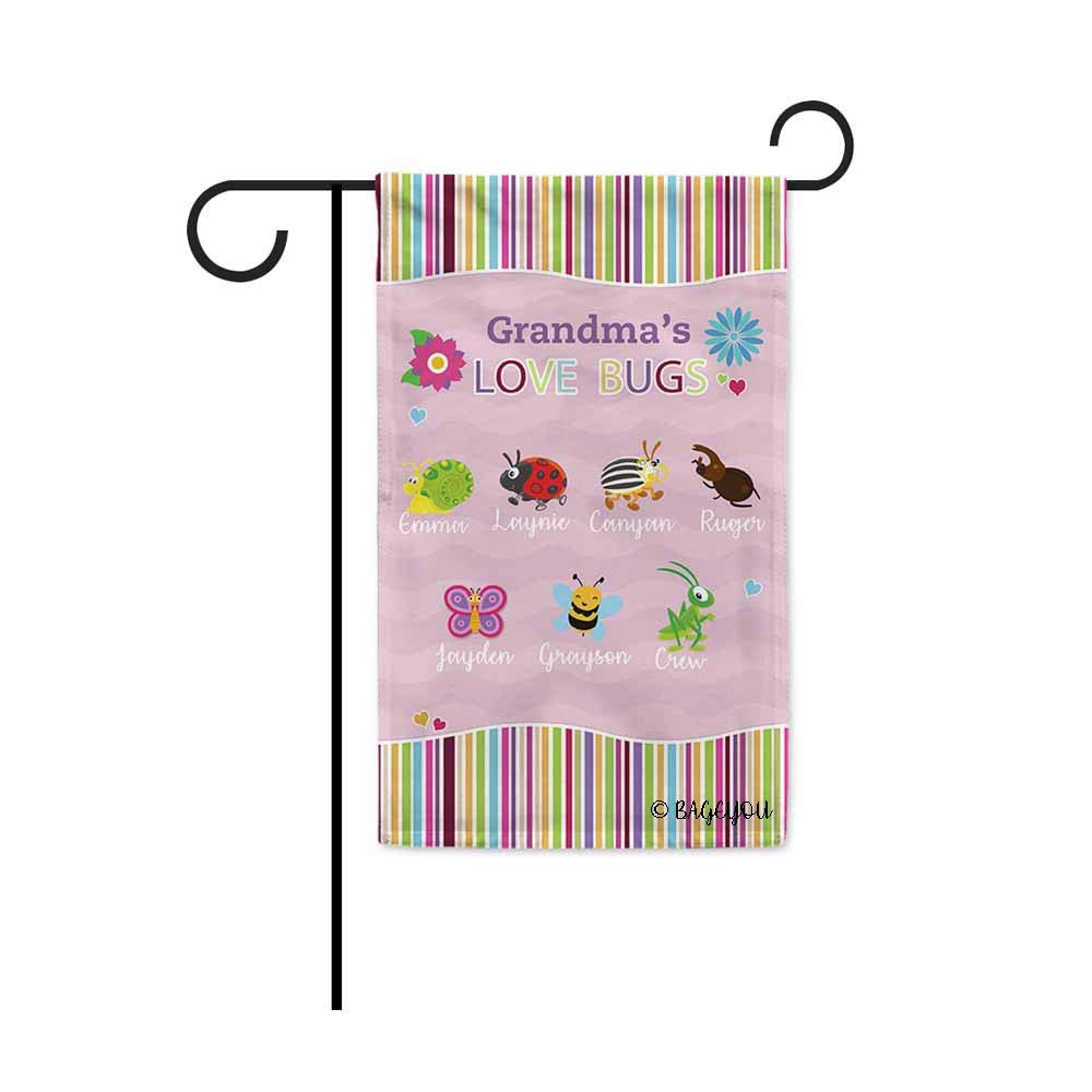 BAGEYOUGrandma's Love Bugs Flowers Spring Summer Decorative Polyester Garden Flag for Outside Put Your Personalized Grandkids Name Seven 12.5X18 Inch Print Double Sided
