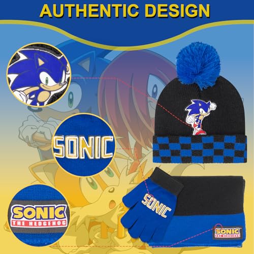 Image of Sonic The Hedgehog Winter Hat and Gloves Set - Blue Sonic Hat for Boys Ages 5-13 - Winter Hat with Scarf and Glove Set