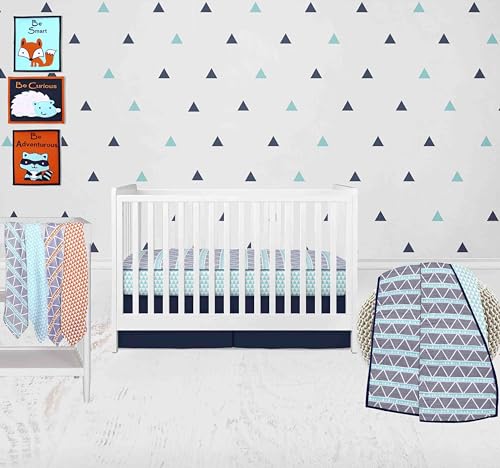 Bacati - 100 Percent Breathable Cotton Muslin/Percale 10 Piece Nursery Baby Crib Bedding Set for Boys/Girls Including 4 Swaddling Blankets US Standard Crib (Aztec Aqua/Orange/Navy)
