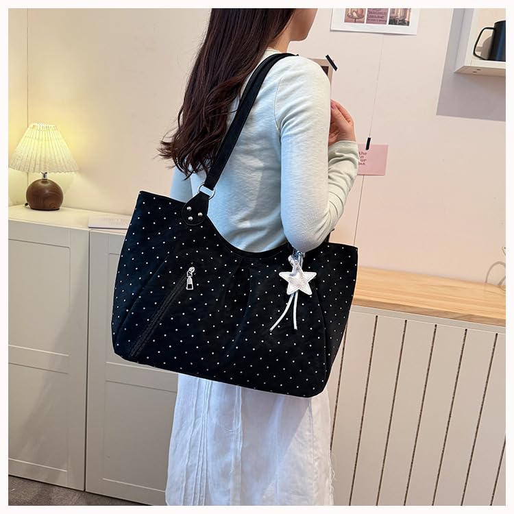 Bolso tote con estampado de lunares para mujer, bolso bandolera Y2K con colgante de estrella, bolso hobo grande para escuela, trabajo y viaje miniatura 4