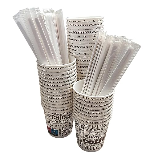 100 Vasos Desechables Café de Papel Cartón de 120 ml, Vasos Resistentes y Elegantes para Bebidas Calientes o Frías, Perfectos para Oficina y Hogar. Incluyen 100 Paletinas de Madera
