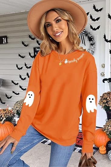 Spooky Season Sweatshirt For Women Halloween Sweatshirt Ghost Fall Long Sleeve Embroidered Pullover Tops - Image 3