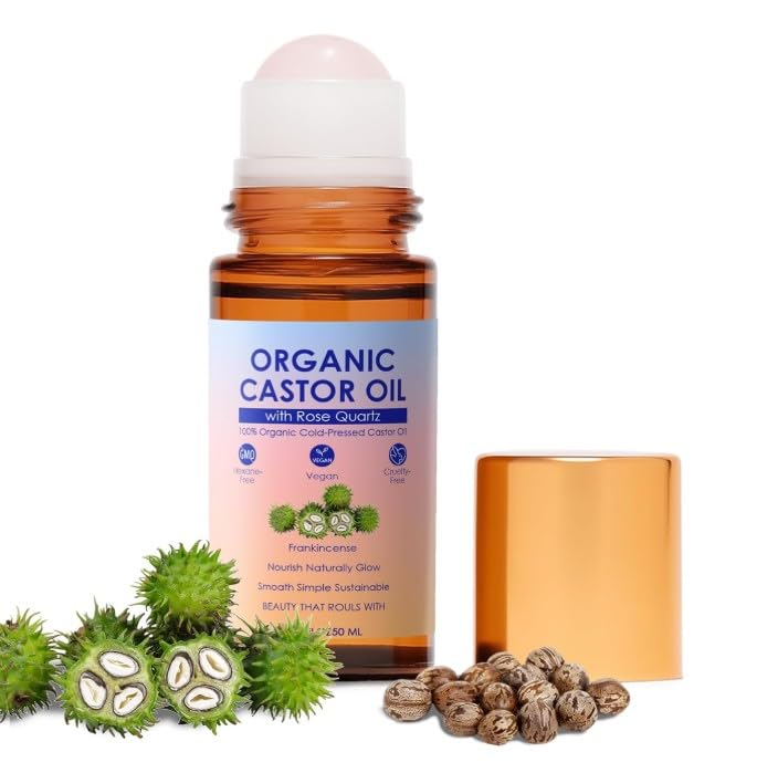 Organic Castor Oil with Rose Quartz Roller, Organic Castor Oil Roll On, Pure Cold-Pressed & Unrefined, For Hair, Eyelashes, Eyebrows & Skin 1.7 Fl Oz