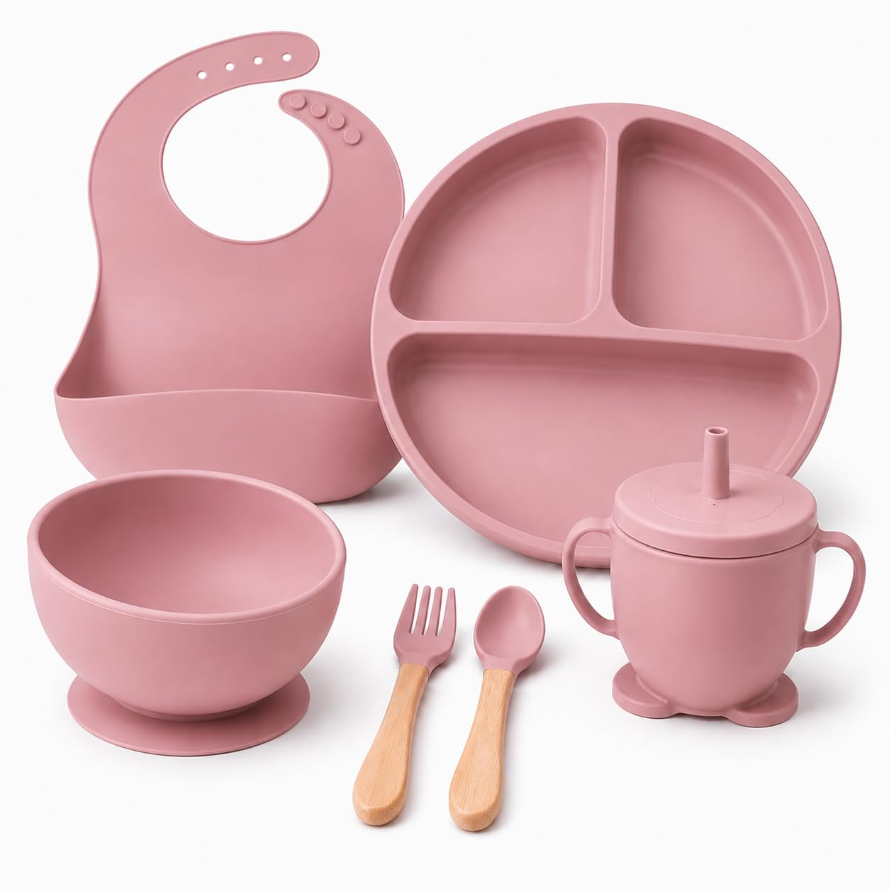 Silicone Baby Feeding Set 6-Piece | BPA-Free Suction Plate, Silicone Bowl, Bib, Bamboo Spoon & Fork | Gum-Friendly, Microwave Safe Baby Tableware | Light Pink-image-8
