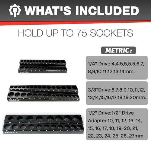 Image of EACELIY Magnetic Socket Organizer Set,Metric Socket Holder Kit, Socket Trays,holds 75 Deep and Shallow 3 /8 inch Sockets(sockets not included) 丨3Pcs 1 /2 inch, 1 /4 inch and 3 /8 inch (Black)