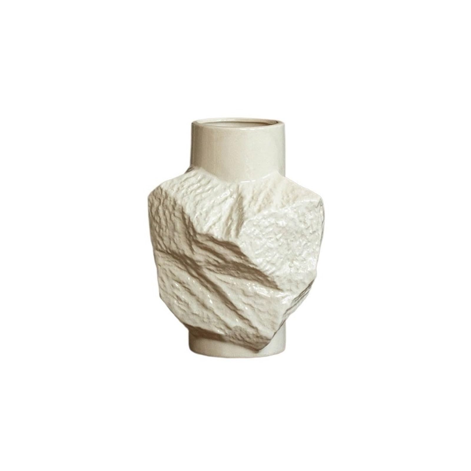 Modern Beige Ceramic Vase with Rock Texture Geometric Sculptural Vaso 25cm Height Artistic Vases Centerpieces