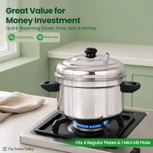 Image of The Indus Valley Stainless Steel Idli Maker | Includes 4 Idli Plates + 1 Mini Idli Plate | Makes 34 Idli | Perfect for Idli, Momos & Idiyappam | Induction and Gas Compatible
