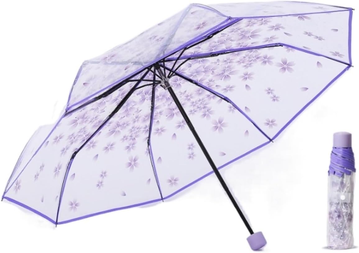 Portable Umbrella for Travel Umbrella Transparent Umbrella Windproof and Rainproof 3 Fold PVC Girl Umbrella Portable Cute Umbrella Outdoor(Purple)