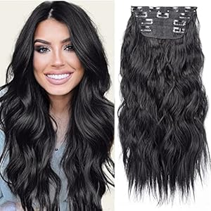 Black 20 Inch Thick Hairpieces Long Wavy Natural Synthetic Clip in Hair Extensions, for Women (4pcs, 20Inch, 1B#)