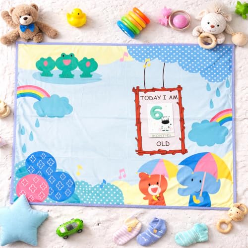 Image of Growth Keepsake Baby Blanket 51 * 43 Inch Monthly Age Marker Blanket for Newborns Cute Animal & Rainbow Printed Background Foldable Washable Play Mat for Infants