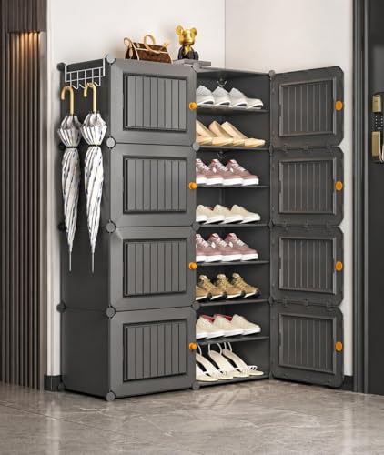 Image of Plastic Shoe Rack for Home with Door | 16 -Shelf DIY Shoe Cabinet Organiser | Stores 32 Pairs | Foldable & Waterproof Shoe Stand for Entryway, Bedroom (Grey-HB2, 16-Layer)