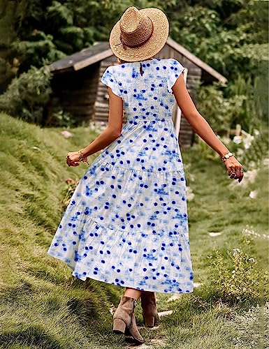 Image of YESNO Women Summer Dresses Ruffle Cap Sleeve Casual Dress Boho Smocked Bodice Maxi Dress with Pockets E05