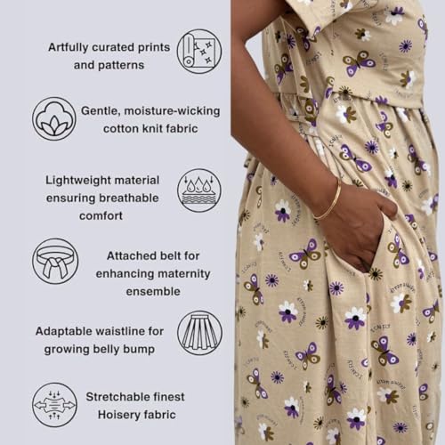 Image of Zero Clothing Feeding Dress for New Moms | Cotton Maternity Nighty | Zipless Nursing Gown with Pull-Up Access | Ankle Length Pregnancy Wear | Pre Post Maternity Gown