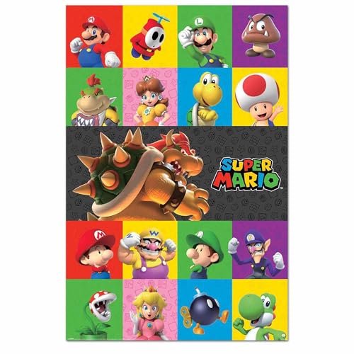 Close Up Póster de Nintendo Super Mario | All Characters | Póster de gaming, para jugadores, jugadores, icónico y nostálgico, tamaño 61 x 91,5 cm