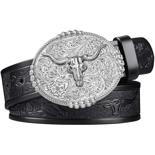 FIORETTO Western Cowboy Belts for Men Women Cowgirl Leather Belt Big Buckle Bull Belt for Jeans