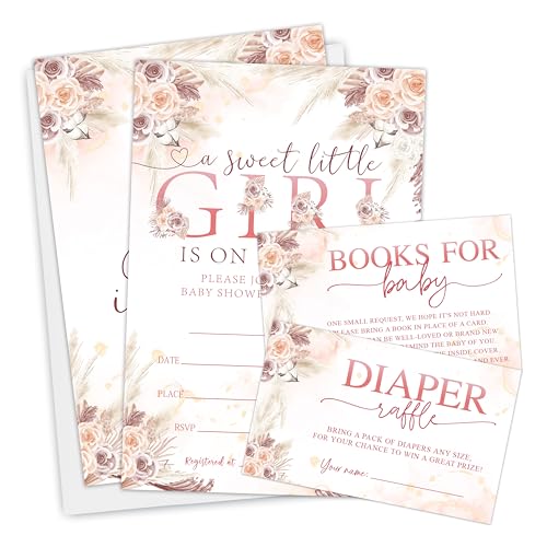 Baby Shower Invitation Set - A Sweet Little Girl Is On Her Way - Floral Double-Sided Fill In Style Invites With Diaper Raffle & Book Request Cards -...