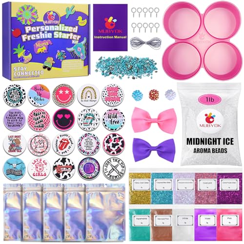 MUBYOK M436 Car Freshie Supplies Starter Kit with 1LB Scented Aroma Beads 4 inch Circle Silicone Molds and CardStock(Make 5 Freshies)