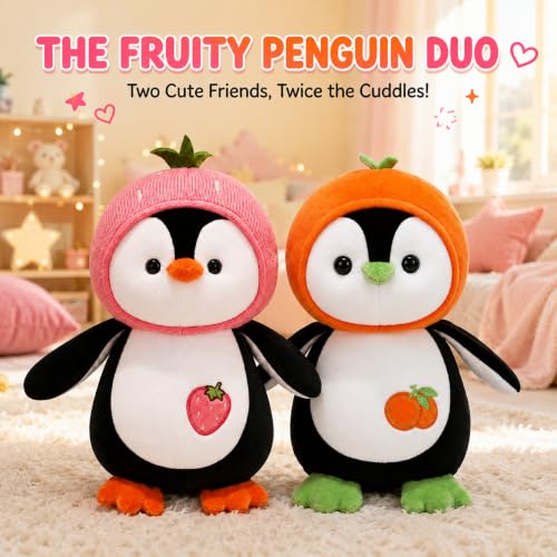 Image of Plushy Penguin Soft Toy 25cm (Pack of 2) | Adorable Plush Penguin with Pink & Orange Outfits | Perfect for Kids, Gifts, and Home Decor | for Birthday Gifting, Thanksgivings, New Year Gift