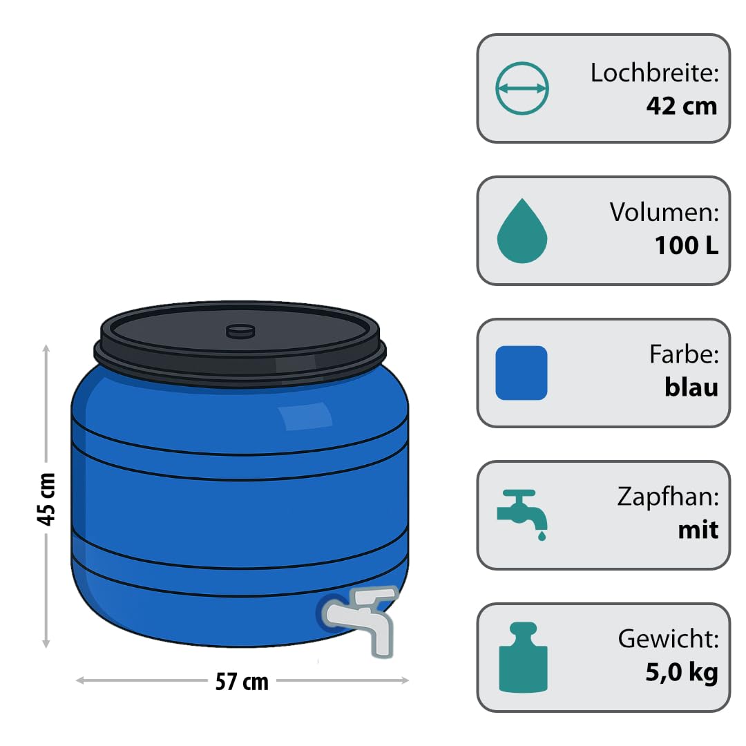 Fass mit Wasserhahn, Durchmesser 52 cm, Fassungsvermögen 100 Liter