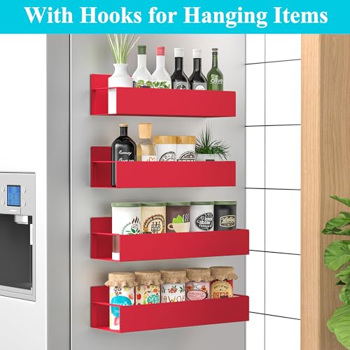 Image of HuggieGems 4 Pack Magnetic Spice Storage Rack Organizer for Refrigerator and Oven, Red Fridge Organizers and Storage | Magnetic Shelves Heavy Duty for Fridge in Kitchen, Seasoning Storage Organizer, For Oven Washer and Dryer, For Heavier Items