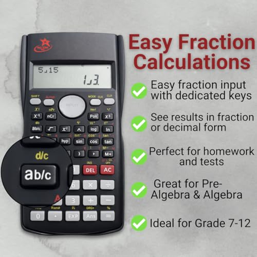 Image of Fraction Calculator for School - SC-216 Scientific Calculator by Red Star Tec, with 4 Functions, SAT-Ready, 2-Line Display with Trigonometry, Algebra & Statistics, Non-Graphing Calculator