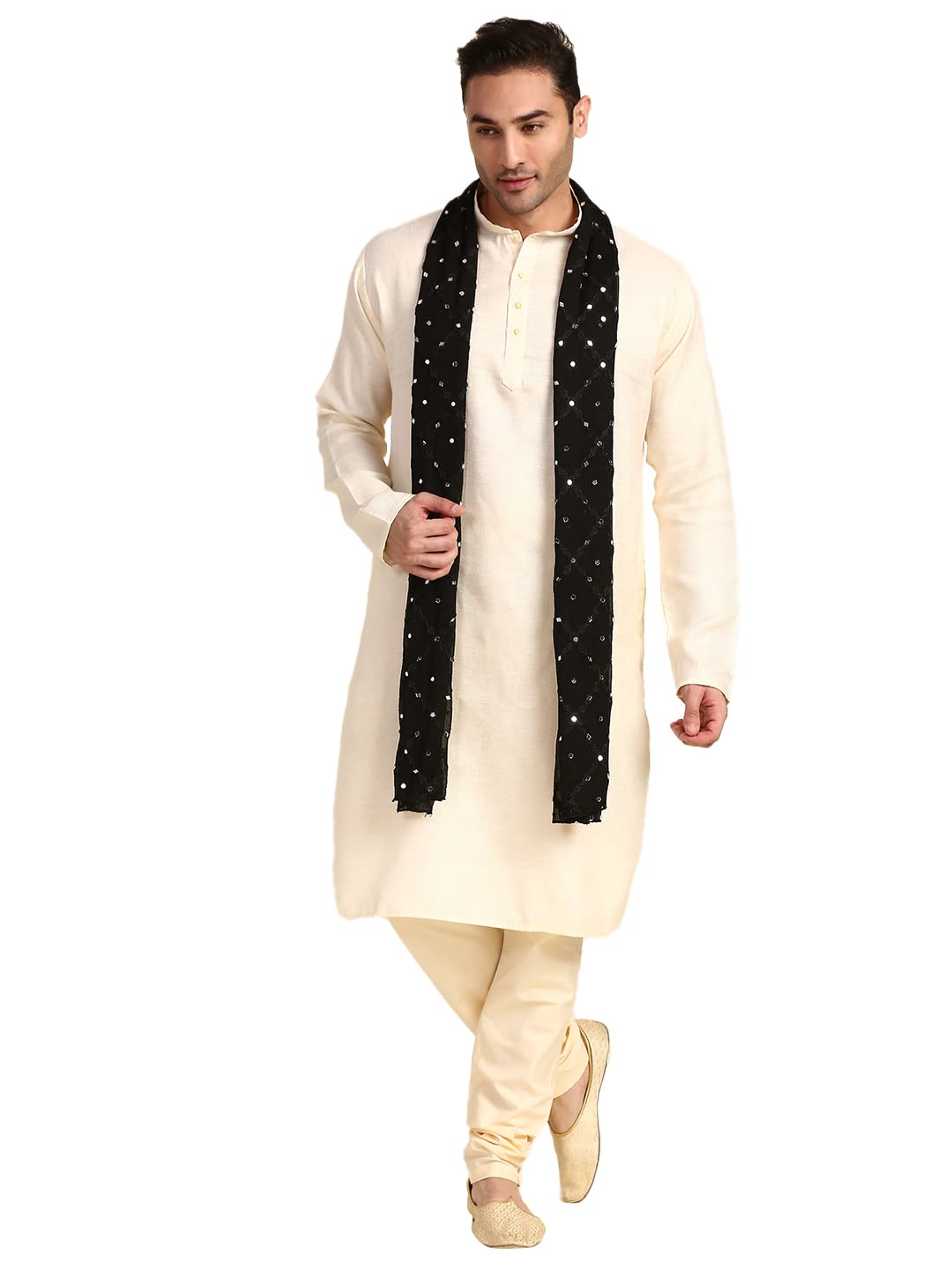 Men's Black Mirror Work Dupatta For Kurta/Sherwani/Achkan - Silk, Free Size