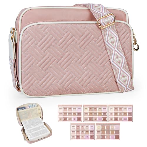 MHJY Bolsa bíblica de couro para mulheres capa de bíblia acolchoada com zíper com abas bíblicas e alça de ombro bolsas transversais para capa de livro, rosa, Large