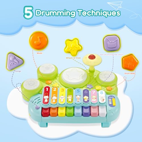 Ohuhu Y26-80300-05 Kids Drum Set For Toddlers: Ohuhu 5 In 1 Baby Musical Instruments Musical Toys Children Drum Kit Xylophone Microphone Piano Early Educational Learning Toy thumb #4