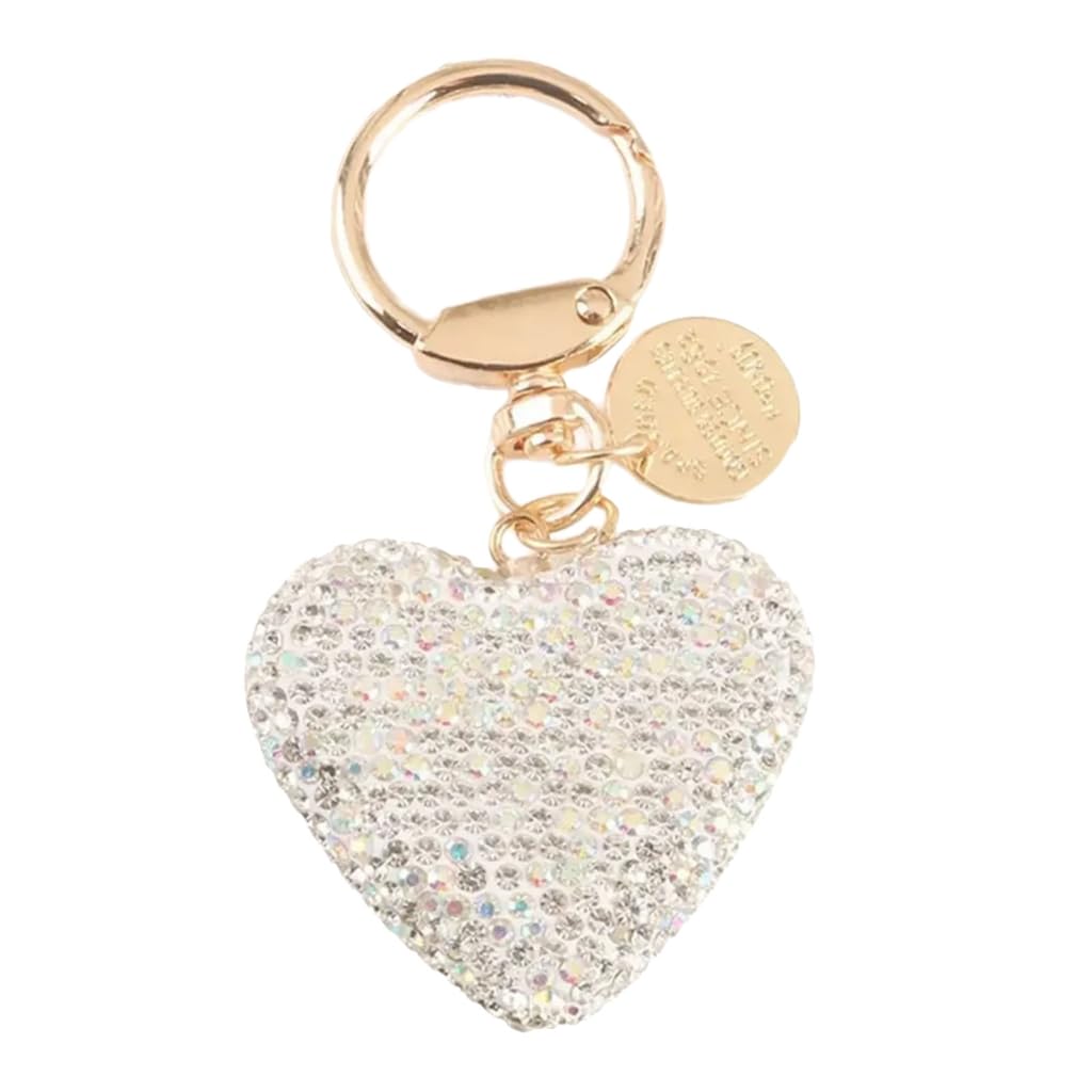 Sxett Women's White Multipurpose Rhinestones Love Heart Shaped Keychain Crystals Bag Decoration Car Keyring For Birthday Gifts