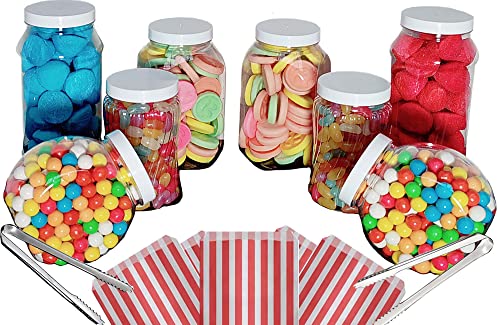 8 tarros de plástico vacíos con tapa blanca, 2 pinzas y 50 bolsas, 11 colores para elegir, simplemente añade dulces para crear tu mesa de dulces (rojo) Cover