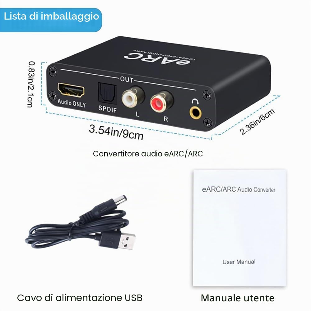Convertitore Audio HDMI eARC Arc, frequenza di campionamento Audio 24bit/192KHz, Ritorno Audio Arc, HD 5.1 e HD 7.1 canali, convertitore Audio AV 3,5 mm, Supporta ingressi eARC & Arc