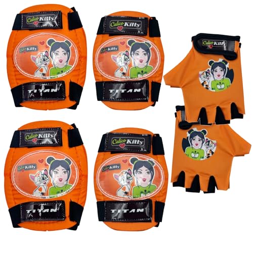Titan Calico Kitty Girls Bike & Skate Protective Pad Set Orange Multicolor Elbow Knee & Wrist Guards with Gloves Adjustable Pads for BMX Skateboard, Inline Skating Ages 6–12, Small/Medium Size